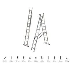 Escalera Aluminio 2 Tramos 10+10 Peldaños, Plegable, Antideslizante, Resistente