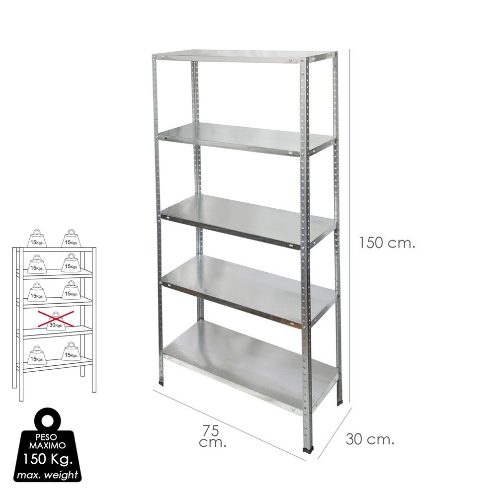 Estanteria Acero Galvanizado con 5 Baldas 150x75x30 cm, Baldas ajustables, Peso maximo 150 Kg, al por Mayor | Almacén de Ferrete