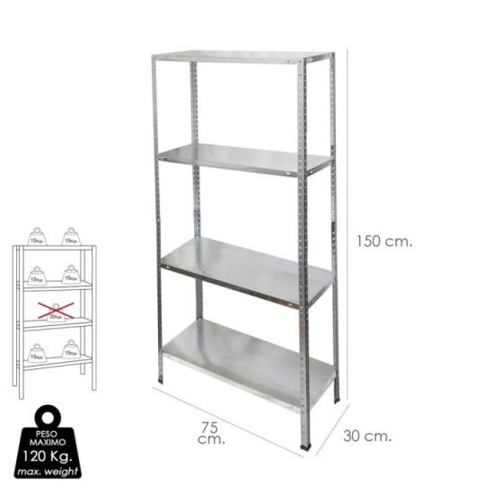 Estanteria Acero Galvanizado con 4 Baldas 150x75x30 cm, Baldas ajustables, Peso maximo 120 Kg, al por Mayor | Almacén de Ferrete