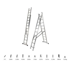 Escalera Aluminio 2 Tramos 7+7 Peldaños, Plegable, Antideslizante, Resistente