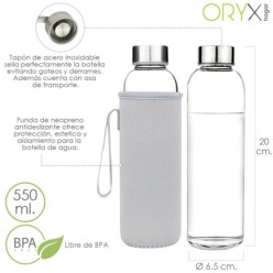 Botella Agua Cristal 550 ml, Funda Neopreno con Asa, Sin BPA