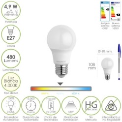 Bombilla Led Estandar Rosca E27, 4,9 Watt, Equivale A 40 Watt, 480 Lumenes, Luz Blanca (4000º K,)
