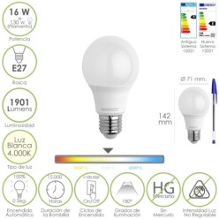 Bombilla Led Estandar Rosca E27, 16 Watt, Equivale A 130 Watt, 1901 Lumenes, Luz Blanca 4000º K,)