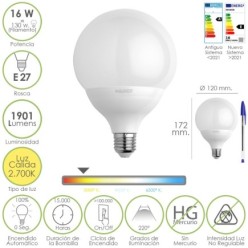 Bombilla Led Globo Rosca E27, 16 Watt, Equivale A 130 Watt, 1901 Lumenes, Luz Cálida (2700º K,)