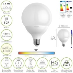 Bombilla Led Globo Rosca E27, 16 Watt, Equivale A 130 Watt, 1901 Lumenes, Luz Blanca (4000º K,)