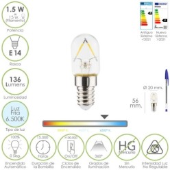 Bombilla Led Frigorifico Rosca E14, 1,5 Watt, Equivale A 15 Watt, 136 Lumenes, Luz Fria (6500º K,)