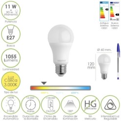 Bombilla Led Estandar Rosca E27, 11 Watt, Equivale A 90 Watt, 1055 Lumenes, Luz Calida (3000º K,) Dimerable