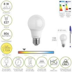 Bombilla Led Estandar Rosca E27, 8 Watt, Equivale A 65 Watt, 806 Lumenes, Luz Calida (2700º K,)