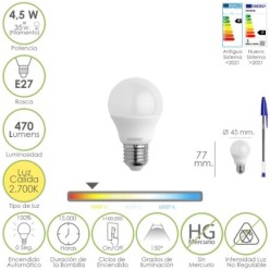 Bombilla Led Esferica Rosca E27 4,5 Watt, Equivale A 55 Watt, 470 Lumenes, Luz Cálida (2700º K,)
