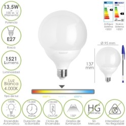 Bombilla Led Esfera Globo E27, 13,5 Watt, Equivale A 100 Watt, 1521 Lumenes, Luz Neutra 4000º K,