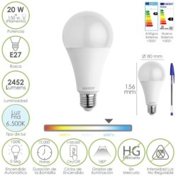 Bombilla Led Estandar Rosca E27, 20  Watt, Equivale A 150 Watt, 2452 Lumenes, Luz Fria (6500º K,)