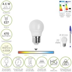Bombilla Led Esferica Rosca E27 4,5 Watt, Equivale A 55 Watt, 470 Lumenes, Luz Neutra (4000º K)