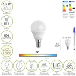 Bombilla Led Esfera Rosca E14, 6,5 Watt, Equivale A 50 Watt, 806 Lumenes, Luz Neutra 4000º K,