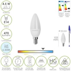 Bombilla Led Vela Rosca E14, 4,5 Watt, Equivale A 35 Watt, 470 Lumenes, Luz Fira (6500º K,)