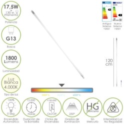 Tubo Led T8 120 cm,17,5 Watt, Equivale A 130 Watt, 1800 Lumenes, Luz Neutra 4000º K,
