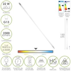 Tubo Led T8 150 cm, 22 Watt, Equivale A 150 Watt, 2300 Lumenes, Luz Neutra 4000º K,