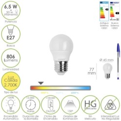 Bombilla Led Esfera Rosca E27, 6,5 Watt, Equivale A 50 Watt, 806 Lumenes, Luz Calida 3000º K,