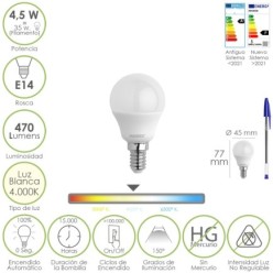 Bombilla Led Esferica Rosca E14 4,5 Watt, Equivale A 35 Watt, 470 Lumenes, Luz Neutra (4000º K)