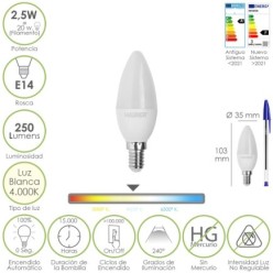 Bombilla Led Vela E14, 2,5 Watt, Equivale A 20 Watt, 250 Lumenes, Luz Neutra 4,000º K,