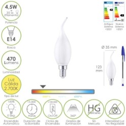 Bombilla Led Filamento Vela Llama Esmerilada E14, 4,5 Watt, Equivale A 35 Watt, 470 Lumenes, Luz Calida 2700º K,