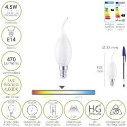 Bombilla Led Filamento Vela Llama Esmerilada E14, 4,5 Watt, Equivale A 35 Watt, 470 Lumenes, Luz Neutra 4000º K,