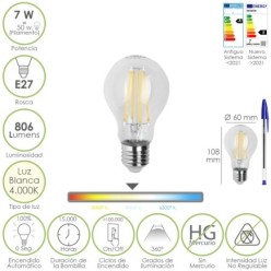 Bombilla Led Filamento Standar Rosca E27, 7 Watt, Equivale A 50 Watt, 806 Lumenes, Luz Neutra 4000º K,