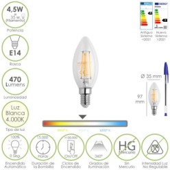Bombilla Led Filamento Vela Rosca E14, 4,5 Watt, Equivale A 35 Watt, 470 Lumenes, Luz Neutra 4000º K,