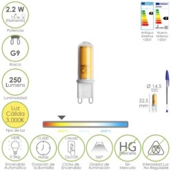 Bombilla Led Rosca G9, 2,2 Watt, Equivale A 15 Watt, 250 Lumenes, Luz Calida (3000º K,)