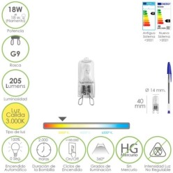 Bombilla Halogena G-9, 18 W, 205 lumenes, Luz cálida (3,000º K)