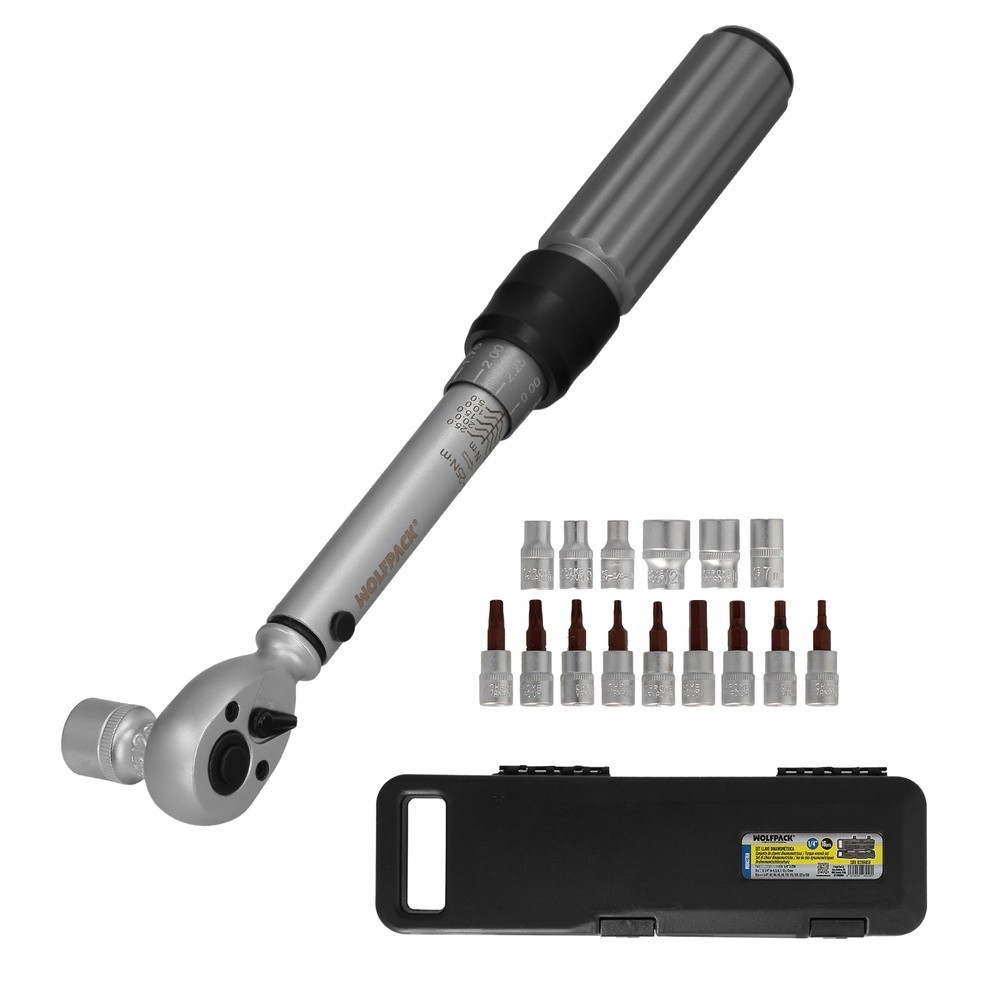 Llave Dinamometrica 1/4" Con 9 Puntas Hexagonales y 5 Vasos, Llave De Torque Camiones, Coches, Motos, Micro Ajustes, Acero CRV a