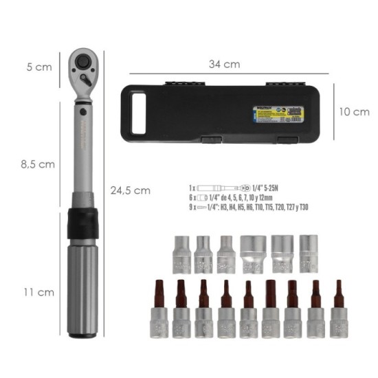 Llave Dinamometrica 1/4" Con 9 Puntas Hexagonales y 5 Vasos, Llave De Torque Camiones, Coches, Motos, Micro Ajustes, Acero CRV a