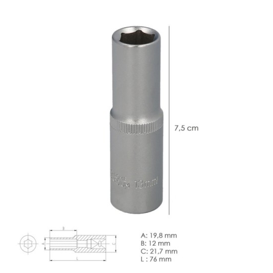 Llave Vaso 1/2" Hexagonal Larga 13 mm, Perfil de 6 caras, Acero Cromo Vanadio, Aristas Redondas al por Mayor | Almacén de Ferret