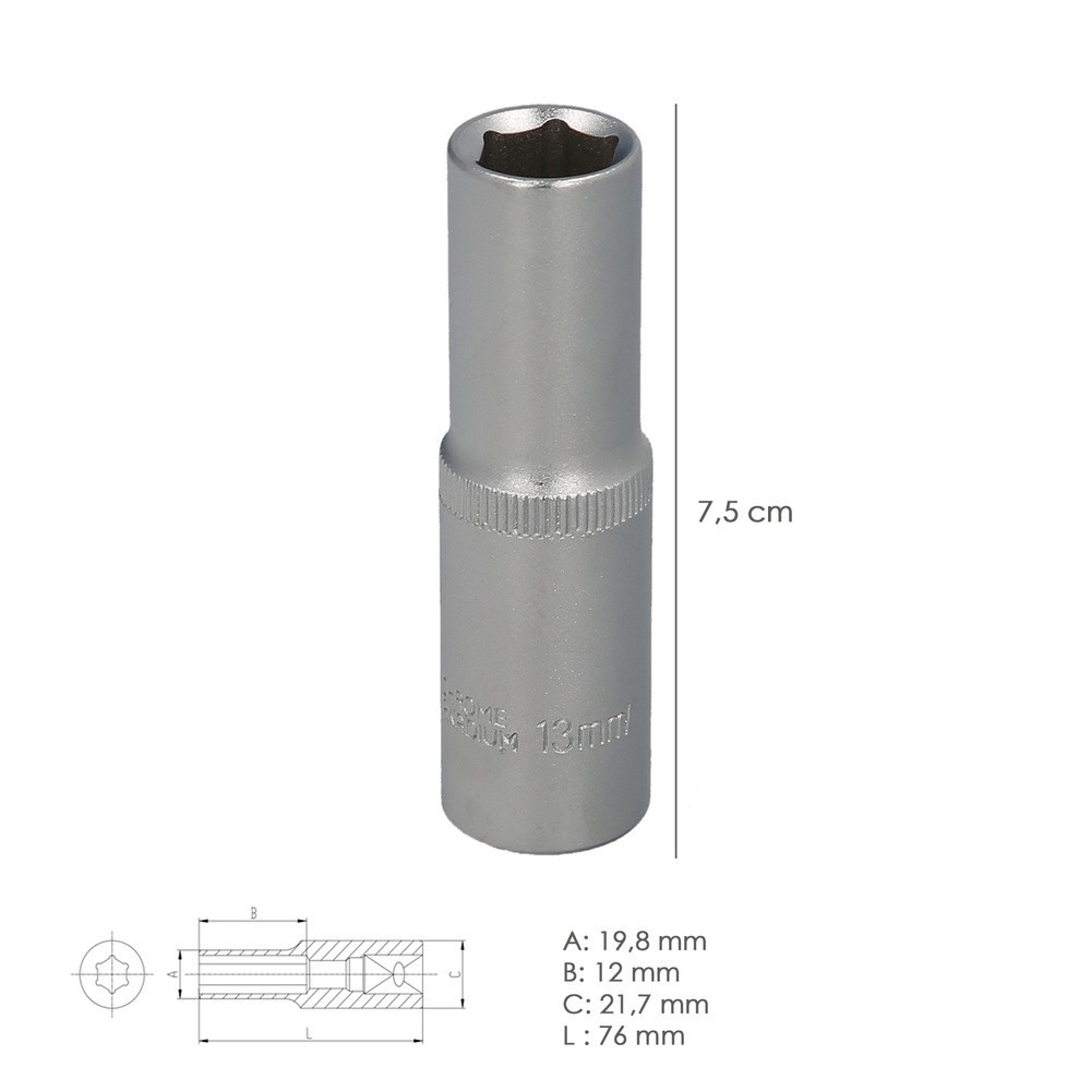 Llave Vaso 1/2" Hexagonal Larga 13 mm, Perfil de 6 caras, Acero Cromo Vanadio, Aristas Redondas al por Mayor | Almacén de Ferret