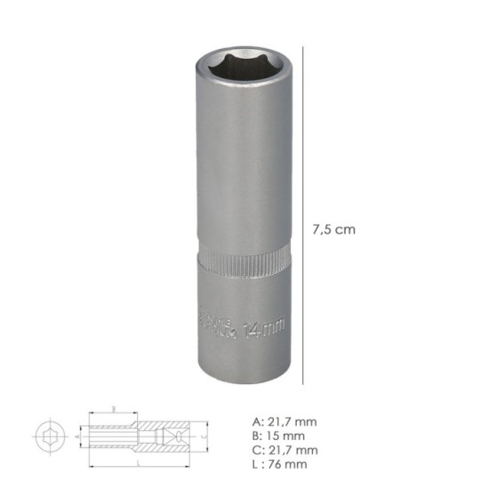Llave Vaso 1/2" Hexagonal Larga 14 mm, Perfil de 6 caras, Acero Cromo Vanadio, Aristas Redondas al por Mayor | Almacén de Ferret