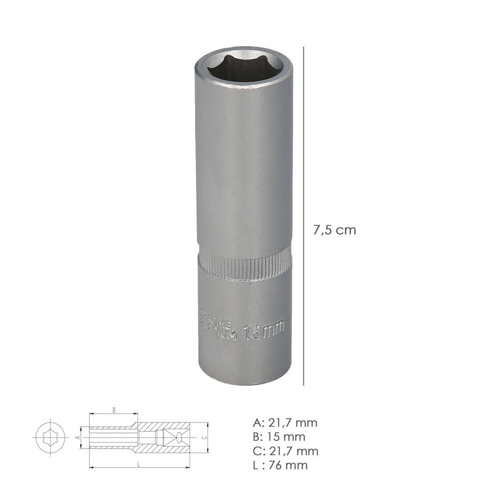 Llave Vaso 1/2" Hexagonal Larga 15 mm, Perfil de 6 caras, Acero Cromo Vanadio, Aristas Redondas al por Mayor | Almacén de Ferret