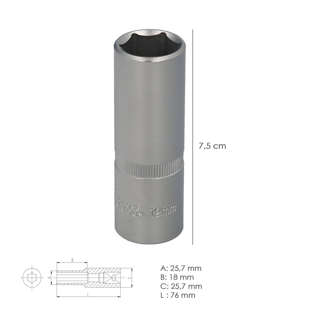 Llave Vaso 1/2" Hexagonal Larga 19 mm, Perfil de 6 caras, Acero Cromo Vanadio, Aristas Redondas al por Mayor | Almacén de Ferret
