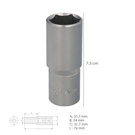 Llave Vaso 1/2" Hexagonal Larga 24 mm, Perfil de 6 caras, Acero Cromo Vanadio, Aristas Redondas al por Mayor | Almacén de Ferret