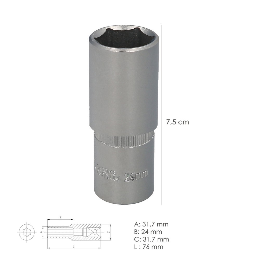 Llave Vaso 1/2" Hexagonal Larga 24 mm, Perfil de 6 caras, Acero Cromo Vanadio, Aristas Redondas al por Mayor | Almacén de Ferret