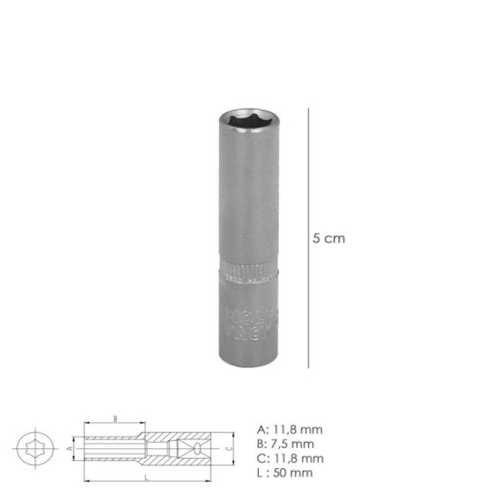 Llave Vaso 1/4" Hexagonal Larga 8 mm, Perfil de 6 caras, Acero Cromo Vanadio, Aristas Redondas al por Mayor | Almacén de Ferrete