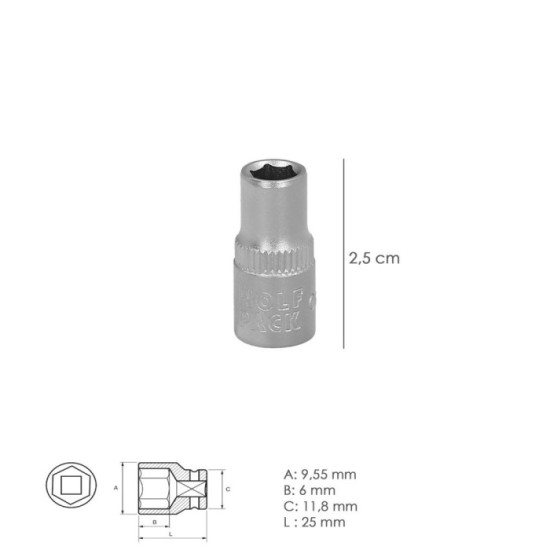 Llave Vaso 1/4" Hexagonal 6 mm, Perfil de 6 caras, Acero Cromo Vanadio, Aristas Redondas al por Mayor | Almacén de Ferretería