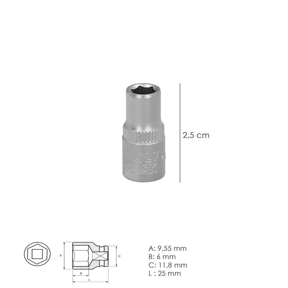 Llave Vaso 1/4" Hexagonal 6 mm, Perfil de 6 caras, Acero Cromo Vanadio, Aristas Redondas al por Mayor | Almacén de Ferretería
