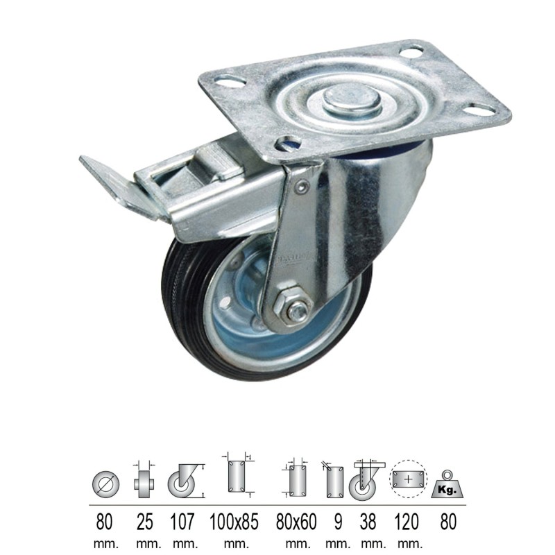 Rueda Industrial Goma Negra Placa con freno   80 mm,