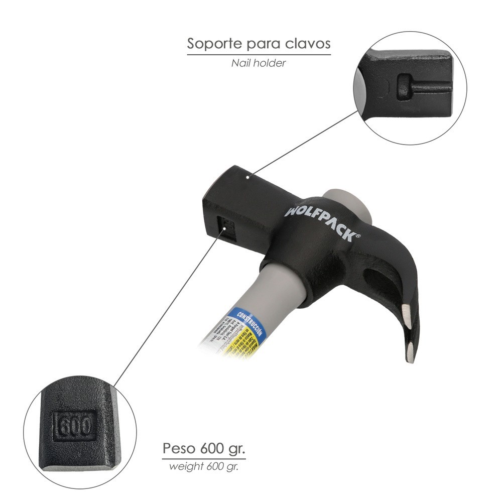 Martillo Uña Mango Fibra Vidrio Mango Fibra Vidrio Con Empuñadura Antideslizante, 600 Gramos 33 cm, al por Mayor | Almacén de Fe