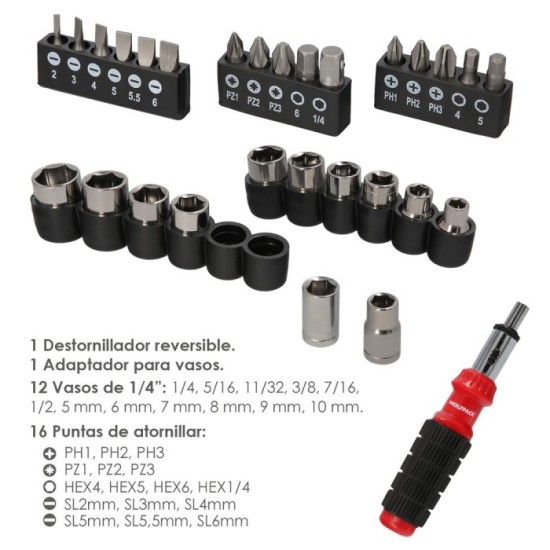 Juego Destornillador Carraca con 29 piezas, (12 vasos y 16 Puntas) al por Mayor | Almacén de Ferretería