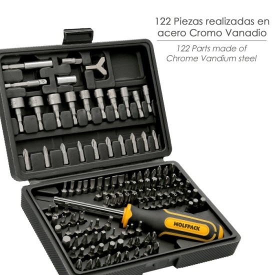 Juego Puntas con Destornillador 1/4" 122 Pzs, Con Apadtador, Cromo Vanadio, Kit Llave Combinada, Kit Carraca, al por Mayor | Alm
