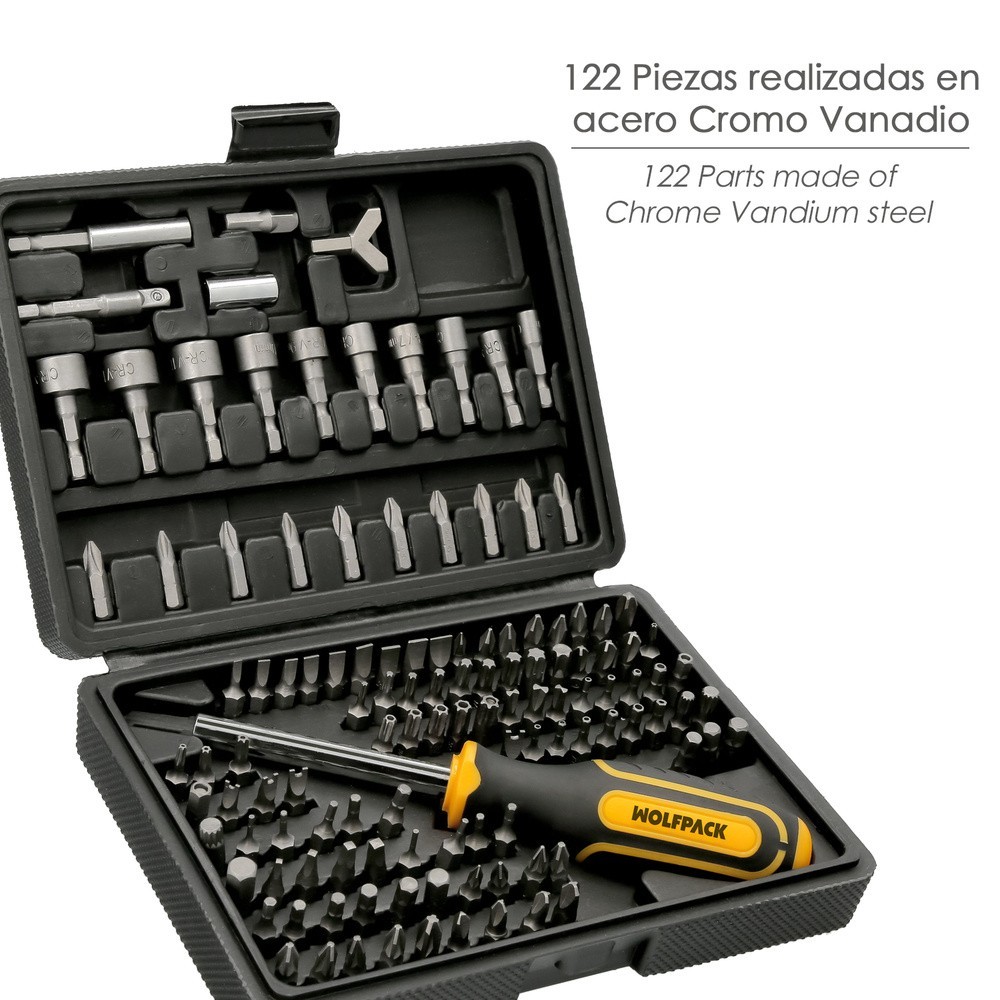 Juego Puntas con Destornillador 1/4" 122 Pzs, Con Apadtador, Cromo Vanadio, Kit Llave Combinada, Kit Carraca, al por Mayor | Alm