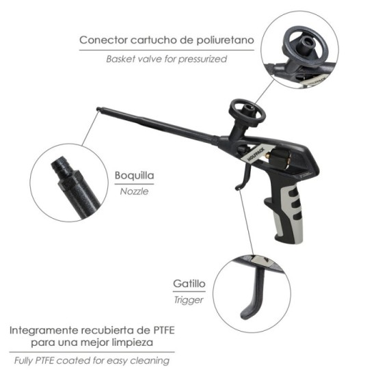 Pistola Para Espuma Poliuretano Recubriemiento Integro PTFE  (Interior y Exterior) Pistola Calafatear, Rellenar, Sellar al por M