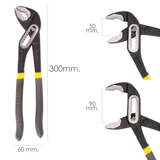 Tenazas Apertura Múltiple Negra 300 mm, Mangos Plastificados DIN 8976, Pico De Loro, Alicates Extensibles, Tenazas Fontanero al 