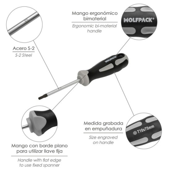 Destornillador Torx Inviolable Acero S2 Mango TPR Bimaterial, Medida T10 x Ø 5,0 x 75 mm, al por Mayor | Almacén de Ferretería