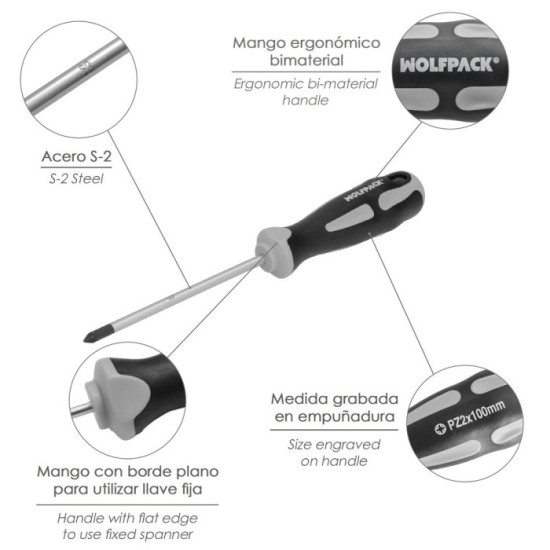 Destornillador Pozidriv Acero S2 Mango TPR Bimaterial, Medida PZ 2 x Ø 6 x 100 mm,  DIN5262, al por Mayor | Almacén de Ferreterí